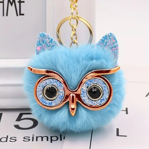 Fuzzy OWL Pom Pom Bag Charm Keychain Purse Blue Glasses Rhinestones Glam Trendy - Picture 1 of 2
